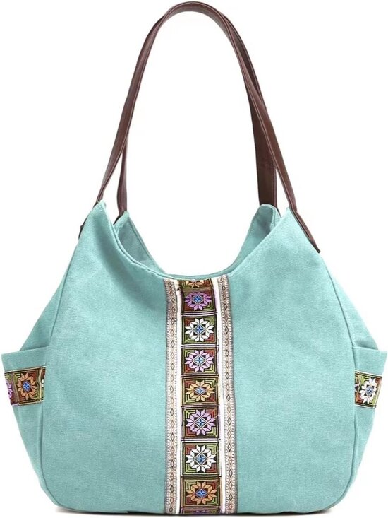 Handbags - Worldlyda Women Canvas Hobo Purse Multi Pocket Tote Shopper Shoulder Bag Casual